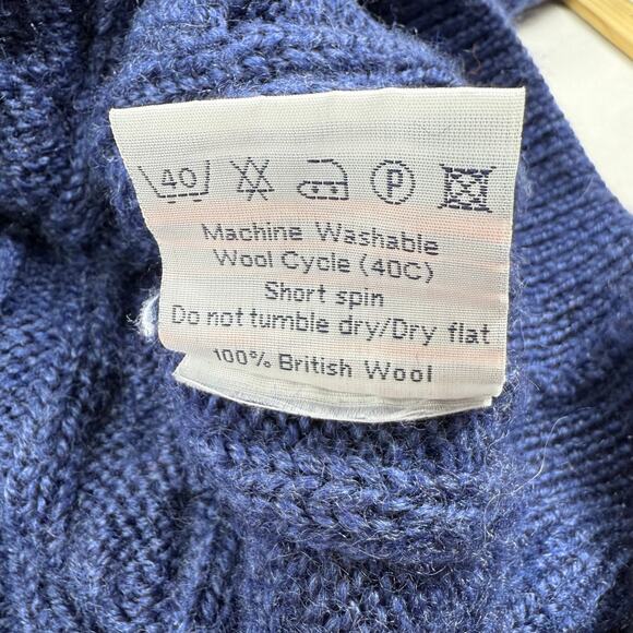 Woolovers Sweater L Blue Chunky Fisherman Cable Heavyweight 100% British Wool - Picture 10 of 12